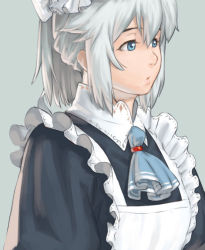 Rule 34 | 1girl, apron, azusa (hws), blue background, blue eyes, grey background, grey theme, lips, looking away, maid, maid apron, original, silver hair, simple background, solo, source, upper body