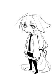 Rule 34 | 1girl, absurdly long hair, anya (j.k.), bad id, bad twitter id, bags under eyes, chibi, collared shirt, drooling, full body, greyscale, hair between eyes, hair flaps, j.k., jitome, long hair, long sleeves, looking at viewer, low-tied long hair, monochrome, necktie, original, shaded face, shirt, simple background, skirt, sleeves past wrists, solo, standing, sweater, thighhighs, very long hair, white background, wing collar, zettai ryouiki