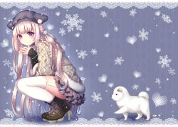 Rule 34 | 1girl, blush, border, dog, from side, garter straps, hat, heart, lace, lace border, long hair, original, ornate border, own hands together, pink eyes, riichu, skirt, smile, snowflakes, solo, squatting, sweater, thighhighs, very long hair, white thighhighs