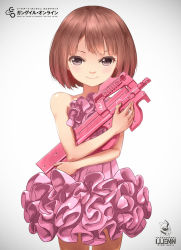 Rule 34 | 1girl, alternate costume, bare arms, bare shoulders, brown hair, bullpup, character name, copyright name, cowboy shot, dress, fingernails, frilled dress, frills, gradient background, gun, highres, llenn (sao), looking at viewer, no headwear, hugging object, p-chan (p90), p90, personal defense weapon, pink dress, purple eyes, saiki2, short hair, simple background, sleeveless, sleeveless dress, smile, solo, submachine gun, sword art online, sword art online alternative: gun gale online, too many, too many frills, weapon, white background