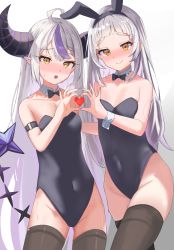 Rule 34 | 2girls, absurdres, animal ears, black bow, black thighhighs, blush, bow, breasts, cleavage, collar, covered navel, demon girl, demon horns, demon tail, fake animal ears, fang, heart, heart hands, heart hands duo, highres, hololive, horns, la+ darknesss, leotard, long hair, looking at viewer, multicolored hair, multiple girls, murasaki shion, navel, petite, playboy bunny, pointy ears, purple hair, rabbit ears, rabbit tail, skin fang, small breasts, streaked hair, tail, thighhighs, virtual youtuber, white collar, white hair, wrist cuffs, yellow eyes, youyoukai