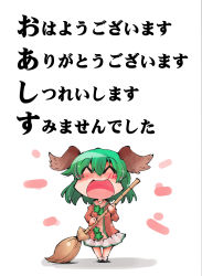 Rule 34 | 1girl, ^ ^, absurdres, animal ears, bamboo broom, blush stickers, broom, closed eyes, dress, green hair, highres, kasodani kyouko, open mouth, shinapuu, short hair, simple background, skirt, smile, solo, touhou, translation request, white background