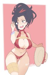 Rule 34 | 10s, 1girl, 2019, artist name, bikini, black eyes, black hair, blush, boku no hero academia, border, breasts, cleavage, dated, eyes visible through hair, gluteal fold, hair ornament, hat, unworn hat, unworn headwear, highres, hot vr, large breasts, long hair, looking at viewer, navel, open mouth, outside border, ponytail, red background, red bikini, simple background, smile, solo, straw hat, swimsuit, thick thighs, thigh gap, thigh strap, thighs, v, white border, wide hips, wristband, yaoyorozu momo