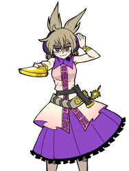 Rule 34 | 1girl, belt, bracelet, brown eyes, brown hair, closed mouth, commentary, dress, earmuffs, eddybird55555, english commentary, frilled skirt, frills, highres, holding, jewelry, looking at viewer, pointy hair, purple skirt, ritual baton, shirt, short hair, simple background, skirt, sleeveless, sleeveless dress, smile, solo, standing, touhou, toyosatomimi no miko, vanripper (style), white background, white dress