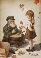 Rule 34 | 1boy, 1girl, acoustic guitar, arm behind back, autumn leaves, beard, black footwear, bottle, bowl, box, braid, brown background, brown dress, brown hair, candy, cardboard box, child, coat, commentary request, cross-laced footwear, dress, eyelashes, facial hair, falling leaves, food, giving, guitar, hat, highres, holding, holding food, homeless, indian style, instrument, leaf, lollipop, long sleeves, making-of available, mattress, old, old man, original, outstretched hand, pants, pantyhose, pinafore dress, shadow, shirt, shoe soles, shoes, sitting, sleeveless, sleeveless dress, smile, sneakers, standing, swirl lollipop, twin braids, twintails, white shirt, wrinkled skin, xiaobanbei milk