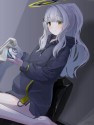 Rule 34 | 1girl, absurdres, ball, barefoot, blue archive, blue eyes, celia 1315, green hair, grey hair, halo, hare (blue archive), highres, hood, hooded jacket, jacket, looking at viewer, ponytail, sitting, solo, towel