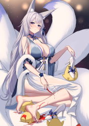 Rule 34 | 1girl, absurdres, animal ear fluff, animal ears, ass, azur lane, bare shoulders, barefoot, blue butterfly, blue dress, blue eyes, blush, breasts, bug, butterfly, cleavage, creature, dress, drunk, feather boa, feet, feet on toy, fox ears, grey hair, hair ornament, high heels, highres, holding, holding shoes, insect, kitsune, large breasts, legs, long hair, looking at viewer, manjuu (azur lane), multiple tails, nail polish, pouring, pouring onto self, shinano (azur lane), shinano (dreams of the hazy moon) (azur lane), shoes, unworn shoes, soles, solo, tail, thighs, toenail polish, toenails, toes, ursica, very long hair