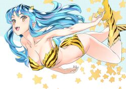 Rule 34 | 1girl, animal print, bikini, boots, breasts, cone horns, green hair, horns, large breasts, long hair, looking at viewer, lum, nishieda, oni, open mouth, pointy ears, solo, strapless, swimsuit, thigh boots, tiger print, urusei yatsura