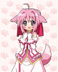 Rule 34 | 10s, 1girl, ahoge, animal ears, bad id, bad pixiv id, bare shoulders, blush, dog days, dog ears, dog girl, dog tail, dress, female focus, gloves, millhiore f. biscotti, pink hair, purple eyes, short hair, solo, tail, tea (084630000)