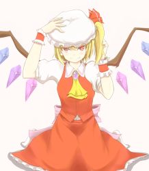 Rule 34 | 1girl, ascot, blonde hair, bow, brooch, colored eyelashes, crystal, dress, fang, fang out, flandre scarlet, hair bow, hand on headwear, hat, highres, jewelry, looking at viewer, mob cap, red dress, red skirt, short hair, side ponytail, skirt, skirt set, smile, solo, touhou, tsutsunuke, wings, wrist cuffs