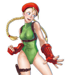Rule 34 | 1girl, antenna hair, backpack, bag, beret, blonde hair, blue eyes, braid, breasts, cammy white, clenched hand, covered navel, cowboy shot, elbow gloves, eyebrows, fingerless gloves, gloves, hat, highleg, highleg leotard, leotard, light smile, long hair, nobubu, pouch, red gloves, solo, street fighter, street fighter v, thigh pouch, twin braids