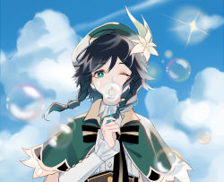 Rule 34 | 1069532, 1boy, ahoge, black bow, black hair, blowing bubbles, blue sky, bow, braid, bright pupils, bubble wand, cloud, cloudy sky, diffraction spikes, feathers, flower, genshin impact, gradient hair, green eyes, green hair, green hat, hat, hat feather, hat flower, looking at viewer, male focus, multicolored hair, one eye closed, outdoors, shirt tucked in, sky, solo, striped, striped bow, upper body, venti (genshin impact), white feathers, white flower, white pupils