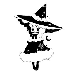 Rule 34 | 1girl, blending, chibi, commentary, crescent, diamond (shape), dot mouth, dress, full body, hat, looking at viewer, monochrome, no nose, orange lore, original, signature, snowflakes, solo, standing, star (symbol), witch, witch hat