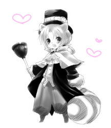 Rule 34 | 10s, 1girl, animal ears, bad id, bad pixiv id, belt, cape, hat, heart, ponytail, raccoon (trickster), raccoon ears, raccoon tail, ribbon, solo, spot color, tail, top hat, trickster (ntreev soft)