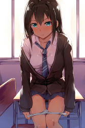 Rule 34 | 1girl, aqua eyes, backlighting, blue necktie, blue panties, blue skirt, blush, breasts, brown hair, brown jacket, chair, classroom, closed mouth, collarbone, collared shirt, commentary request, desk, highres, idolmaster, idolmaster cinderella girls, indoors, jacket, long hair, long sleeves, looking at viewer, miniskirt, necktie, off shoulder, on table, open clothes, open jacket, panties, panty pull, pleated skirt, pulling own clothes, school chair, school desk, school uniform, seneto, shibuya rin, shirt, sitting, skirt, small breasts, smile, solo, striped necktie, striped neckwear, sweat, table, underwear, undressing, white shirt, window