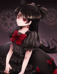 Rule 34 | 1girl, black bow, black dress, black hair, bow, dress, earrings, frilled dress, frills, highres, jewelry, long hair, looking at viewer, otoca d&#039;or, red bow, red eyes, runapiero, striped clothes, striped dress