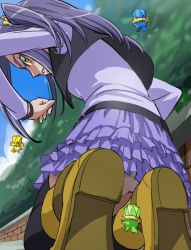 Rule 34 | 10s, 1girl, ass, belt, black eyes, black thighhighs, boots, bracelet, brick wall, cloud, crop top, day, fary, fisheye, flying, foreshortening, frilled skirt, frills, from behind, from below, gem, haruyama kazunori, jewelry, kneeling, kurokawa eren, lary, leaning forward, long hair, long sleeves, looking at viewer, looking back, miniskirt, on ground, one side up, outdoors, panties, pantyshot, parted lips, precure, purple hair, purple shirt, purple skirt, scrunchie, seiren (suite precure), shirt, shoe soles, side ponytail, size difference, skirt, sky, solo, sory, studded belt, suite precure, thighhighs, underwear, upskirt, vest, white panties, yellow eyes