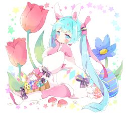 Rule 34 | 1girl, animal, animal ears, bad id, bad pixiv id, basket, blue eyes, blue flower, blue hair, blush, boots, bow, closed mouth, commentary, detached sleeves, easter egg, egg, english commentary, fake animal ears, flower, hairband, hatsune miku, highres, jumpsuit, knee boots, long hair, long sleeves, multicolored eyes, pantyhose, pink eyes, pink pantyhose, pink shirt, puffy long sleeves, puffy sleeves, purple bow, rabbit, rabbit ears, red flower, shirt, short jumpsuit, sitting, solo, star (symbol), striped, striped bow, tsukiyo (skymint), twintails, very long hair, vocaloid, white background, white footwear, white hairband, white jumpsuit, white sleeves