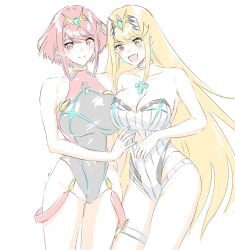 Rule 34 | 2girls, bare shoulders, blush, breasts, chest jewel, choker, cleavage, closed mouth, collarbone, highleg, highres, large breasts, long hair, looking at viewer, mitsugu, multiple girls, mythra (radiant beach) (xenoblade), mythra (xenoblade), official alternate costume, one-piece swimsuit, open mouth, pyra (pro swimmer) (xenoblade), pyra (xenoblade), red eyes, red hair, ribbed swimsuit, short hair, simple background, smile, strapless, strapless one-piece swimsuit, striped clothes, striped one-piece swimsuit, swimsuit, thighs, tiara, vertical-striped clothes, vertical-striped one-piece swimsuit, white background, xenoblade chronicles (series), xenoblade chronicles 2, yellow eyes