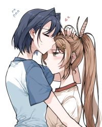 Rule 34 | 2girls, ahoge, blue hair, brown eyes, brown hair, clipe, feather hair ornament, feathers, gym shirt, gym uniform, hair intakes, hair ornament, hairclip, heart, hololive, hololive english, kiss, kissing forehead, long hair, multicolored hair, multiple girls, nanashi mumei, official alternate costume, ouro kronii, ponytail, pout, shirt, short hair, streaked hair, sweatdrop, very long hair, virtual youtuber, yuri
