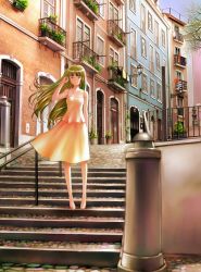 Rule 34 | 1girl, blonde hair, check commentary, clothes, commentary, commentary request, day, dress, hand in own hair, highres, house, lamppost, landscape, long hair, original, partial commentary, portugal, purple eyes, road, smile, stairs, street, tree, wind, yusao
