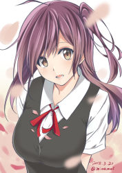 Rule 34 | 1girl, ahoge, arms behind back, black vest, blush, breasts, cherry blossoms, dated, hagikaze (kancolle), kantai collection, large breasts, long hair, mimamui, neck ribbon, one side up, open mouth, petals, purple hair, red ribbon, ribbon, school uniform, shirt, short sleeves, solo, twitter username, vest, white shirt