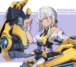 Rule 34 | 1girl, absurdres, artist name, bare shoulders, blue bow, blue jacket, bow, carole peppers, closed mouth, clothes around waist, dark-skinned female, dark skin, earrings, highres, honkai (series), honkai impact 3rd, jacket, jacket around waist, jewelry, looking at viewer, mechanical arms, pink bow, purple background, shirt, short hair, short sleeves, single earring, smile, solo, ssssolagu, two-tone background, white background, white shirt, yellow eyes