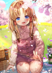 Rule 34 | 1girl, alternate costume, basket, blanket, blonde hair, blue eyes, blurry, blurry background, blush, bug, butterfly, casual, cherry blossoms, contemporary, dappled sunlight, day, grass, hair ribbon, head tilt, highres, bug, long hair, long sleeves, looking at viewer, moriya suwako, nora wanko, outdoors, overalls, parted lips, picnic, picnic basket, red ribbon, ribbon, shirt, sidelocks, sitting, smile, solo, sunlight, suspenders, thermos, touhou, tress ribbon, white shirt