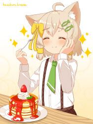 Rule 34 | 1girl, :t, ^ ^, absurdres, ahoge, animal ear fluff, animal ears, blonde hair, blush, bow, brown skirt, buttons, cat ears, cat girl, chewing, closed eyes, closed mouth, collared shirt, cream, eating, female focus, fish hair ornament, food, fork, fruit, gradient background, green necktie, hair bow, hair ornament, hairclip, hand on own cheek, hand on own face, hands up, happy, hazakura hinata, highres, holding, holding fork, long sleeves, mint, necktie, original, pancake, pancake stack, plaid, plaid skirt, plate, raised eyebrows, school uniform, shirt, shirt tucked in, short hair, sidelocks, simple background, skirt, smile, solo, sparkle, split mouth, strawberry, suspender skirt, suspenders, syrup, table, white shirt, yellow background, yellow bow