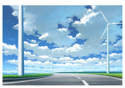 Rule 34 | bad id, bad pixiv id, blue sky, cloud, cloudy sky, commentary request, day, field, grass, hariken, highres, horizon, lake, nature, no humans, original, outdoors, road, scenery, sky, water, wind turbine, windmill