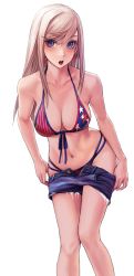 Rule 34 | 1girl, american flag bikini, american flag print, applekun, bent over, bikini, blue eyes, breasts, cleavage, commentary request, earrings, fate/grand order, fate (series), flag print, front-tie bikini top, front-tie top, hair down, highres, jewelry, large breasts, long hair, miyamoto musashi (fate), miyamoto musashi (fate/grand order), miyamoto musashi (swimsuit berserker) (fate), miyamoto musashi (swimsuit berserker) (second ascension) (fate), navel, open mouth, print bikini, shorts, simple background, smile, solo, straight hair, strap gap, swept bangs, swimsuit, teeth, torn clothes, torn shorts, undressing, white background