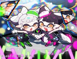 Rule 34 | 2girls, :d, :o, black dress, black footwear, black hair, black jumpsuit, blush stickers, boots, bow-shaped hair, callie (splatoon), chibi, chromatic aberration, close-up, collar, commentary request, cousins, detached collar, dress, earrings, fang, full body, glitch, gloves, glowstick, gradient hair, green pantyhose, grey hair, holding hands, hoop earrings, inkling, jewelry, jumpsuit, long hair, looking to the side, lower teeth only, marie (splatoon), medium hair, mole, mole under eye, multicolored hair, multiple girls, nintendo, nobix2 happy711, open mouth, orange pupils, outstretched arms, pantyhose, pink hair, pink pantyhose, pointy ears, short jumpsuit, smile, splatoon (series), splatoon 1, stage, standing, standing on one leg, star-shaped pupils, star (symbol), strapless, strapless dress, swept bangs, symbol-shaped pupils, teeth, tentacle hair, thick eyebrows, twintails, twitter username, two-tone hair, upper teeth only, very long hair, watermark, white collar, white gloves, yellow eyes