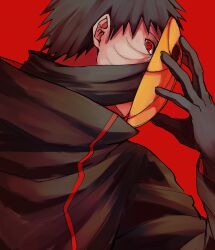 Rule 34 | 1boy, black gloves, black hair, black jacket, covered mouth, gloves, highres, holding, holding mask, jacket, long sleeves, looking at viewer, male focus, mask, naruto (series), pnpk 1013, red background, short hair, simple background, solo, tobi (naruto), upper body