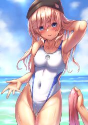 Rule 34 | 1girl, 1other, baseball cap, black headwear, blue eyes, blue sky, blush, breasts, cloud, collarbone, commentary request, competition swimsuit, covered navel, cowboy shot, day, girls&#039; frontline, hat, highleg, highleg swimsuit, highres, horizon, light brown hair, long hair, looking at viewer, medium breasts, ocean, one-piece swimsuit, open mouth, outdoors, scar-l (girls&#039; frontline), sky, solo focus, swimsuit, thigh gap, water, wet, white one-piece swimsuit, xlscaler