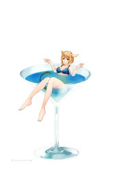 Rule 34 | 1girl, animal ears, bare arms, bare legs, barefoot, blonde hair, blue bra, bra, breasts, brown eyes, cat ears, cat girl, cat tail, cleavage, collarbone, cup, facial mark, final fantasy, final fantasy xiv, full body, hair between eyes, highres, in container, in cup, medium breasts, miqo&#039;te, mole, mole under eye, nanase kokono, partially submerged, short hair, simple background, solo, swept bangs, tail, underwear, warrior of light (ff14), white background