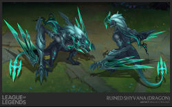 Rule 34 | 1girl, armor, artist name, character name, claws, commentary, copyright name, dragon, english commentary, glowing, glowing eyes, green eyes, green hair, grey hair, highres, league of legends, long hair, multiple views, outdoors, ruined shyvana, shyvana, standing, vegacolors