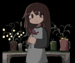 Rule 34 | 1girl, :3, black background, brown eyes, brown hair, flower, flower pot, highres, holding, holding flower, long hair, looking at viewer, original, own hands together, parted bangs, shirt, simple background, solo, spider lily, standing, torosakana, two-tone shirt, white shirt