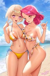 Rule 34 | 2girls, artist name, ass, beach, bikini, blush, borrowed character, breasts, breasts apart, brown hair, cameltoe, cleavage, collarbone, earrings, front-tie bikini top, front-tie top, highres, jewelry, large breasts, looking at viewer, multiple girls, nail polish, navel, necklace, ocean, open mouth, original, pantheon eve, pink hair, shaka sign, short hair, side-tie bikini bottom, swimsuit, symbol-shaped pupils, thigh gap, thighs, upper body, yellow eyes