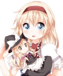 Rule 34 | 1girl, :d, alice margatroid, blonde hair, blue eyes, character doll, hairband, hand puppet, hat, kirisame marisa, lolita hairband, long hair, looking at viewer, open mouth, puppet, ruu (tksymkw), simple background, smile, solo, touhou, white background, witch hat, yellow eyes