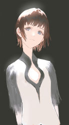 Rule 34 | 1girl, black background, blue eyes, brown hair, closed mouth, expressionless, flat chest, highres, ico, looking to the side, reoen, shirt, short hair, simple background, solo, upper body, white shirt, yorda