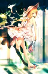 Rule 34 | 1girl, bag, bakemonogatari, bare arms, bare shoulders, blonde hair, brown footwear, commentary request, dated, day, dress, food, food in mouth, hair between eyes, hat, head tilt, highres, holding, holding bag, long hair, looking at viewer, looking to the side, monogatari (series), mouth hold, orange eyes, oshino shinobu, outdoors, plastic bag, pointy ears, popsicle, sakusyo, sandals, shoe soles, shopping bag, signature, sleeveless, sleeveless dress, solo, standing, standing on one leg, summer, sun hat, sundress, very long hair, white dress, white hat