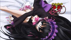 Rule 34 | 10s, 1girl, barefoot, bed, black dress, black eyes, black hair, character request, copyright name, demon girl, dress, eyecatch, headdress, high school dxd, high school dxd born, highres, long hair, looking at viewer, lying, ophis (high school dxd), pink ribbon, ribbon, screencap, solo