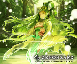 Rule 34 | 1girl, breasts, cleavage, company name, copyright name, day, green hair, green theme, hair rings, hand up, looking at viewer, medium breasts, muraicchi (momocchi), outdoors, solo, standing, water, waterfall, wide sleeves, zenonzard