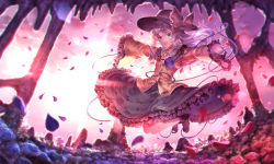 Rule 34 | 1girl, blue rose, bow, cave, flower, green eyes, hat, hat bow, heart, heart of string, highres, jumping, komeiji koishi, long sleeves, looking at viewer, open mouth, outstretched arms, petals, red rose, rose, shirt, silver hair, skirt, smile, solo, sunakumo, third eye, touhou, wide sleeves