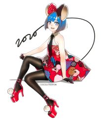 Rule 34 | 1girl, 2020, :d, alternate costume, animal ears, animal print, ankle strap, artist name, black bow, black gloves, black necktie, black thighhighs, blue eyes, blue hair, blunt ends, bob cut, bow, bow hairband, chinese zodiac, cioccolatodorima, clenched hand, collared dress, commentary, dress, english commentary, fake animal ears, full body, gloves, hairband, half gloves, high heels, looking at viewer, luna (planetary moe), mouse ears, mouse print, necktie, open mouth, planetary moe, platform footwear, polka dot, polka dot bow, pom pom (clothes), red bow, red dress, red footwear, red hairband, short hair, simple background, sitting, sleeveless, sleeveless dress, smile, solo, star-shaped pupils, star (symbol), symbol-shaped pupils, teeth, thighhighs, toeless footwear, two-tone bow, upper teeth only, white background, year of the rat