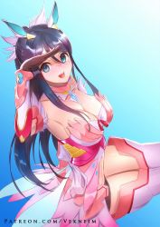 Rule 34 | 1girl, black gloves, blue background, blue eyes, blue hair, breasts, cleavage, fire emblem, gloves, gradient background, hair ornament, large breasts, long hair, nintendo, open mouth, oribe tsubasa, simple background, solo, tokyo mirage sessions fe, vekneim, watermark, web address