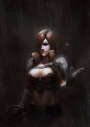 Rule 34 | 1boy, 1girl, bling (wnsdud34), breasts, cleavage, dark, gloves, katarina (league of legends), large breasts, league of legends, long hair, midriff, navel, rain, red hair, scar, smile, teemo