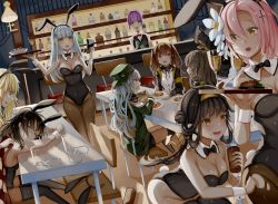 Rule 34 | 404 (girls&#039; frontline), 6+girls, :d, absurdres, animal ears, armpits, arno (ft3014), aug (girls&#039; frontline), backwards hat, bad id, bad pixiv id, bar (place), bare arms, bare shoulders, bent over, black hair, black jacket, black legwear, black leotard, blonde hair, bow, bowtie, breasts, brown hair, brown legwear, c-ms (girls&#039; frontline), chair, character request, cleavage, closed eyes, covered navel, cross hair ornament, cup, detached collar, drinking glass, drooling, fake animal ears, food, g11 (girls&#039; frontline), girls&#039; frontline, green eyes, green headwear, green jacket, grey hair, groin, hair ornament, hairband, hat, highres, hk416 (girls&#039; frontline), jacket, large breasts, leotard, medium breasts, messy hair, multiple girls, open mouth, pantyhose, parted lips, pink hair, playboy bunny, purple hair, qbu-88 (girls&#039; frontline), rabbit ears, rabbit tail, red eyes, s.a.t.8 (girls&#039; frontline), shirt, short shorts, shorts, sitting, skindentation, sleeping, smile, strapless, strapless leotard, table, tail, thighhighs, thighs, torn clothes, torn legwear, twintails, ump45 (girls&#039; frontline), ump9 (girls&#039; frontline), unworn hairband, waitress, white shirt, wrist cuffs, yellow eyes