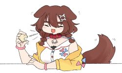 Rule 34 | 1girl, :3, :d, ^ ^, animal ears, bone hair ornament, braid, brown hair, cartoon bone, closed eyes, collar, commentary, dog ears, dog tail, english commentary, hair between eyes, hair ornament, holding, hololive, inugami korone, inugami korone (1st costume), jacket, latenight, listener (inugami korone), long hair, off shoulder, official alternate costume, open mouth, short braid, simple background, smile, tail, twin braids, virtual youtuber, white background, yellow jacket