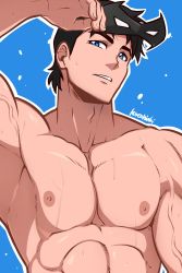 Rule 34 | 1boy, abs, absurdres, artist name, bara, batman (series), black hair, blue eyes, dc comics, dick grayson, domino mask, hand up, highres, holding, holding mask, kuroshinki, large pectorals, male focus, mask, unworn mask, muscular, muscular male, nightwing, pectorals, short hair, simple background, solo, sweat, upper body, veins, veiny arms, young justice